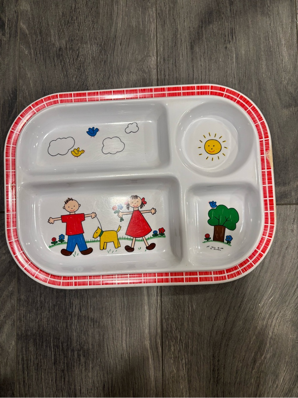 Vintage Kids Divided Plate with Red Trim and Playful Cartoon Design